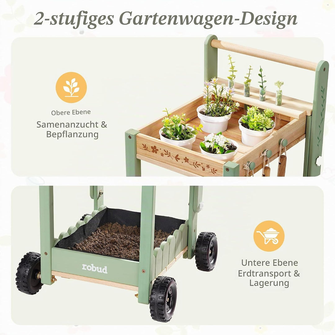 ROBUD Kinder Gartengeräte mit Holzwagen, Gartenwerkzeug mit Giesskanne, Schaufel, Handrechen, Pflanz