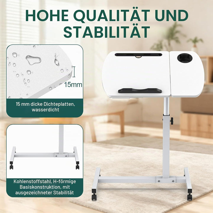 Soontrans Beistelltisch mit Rollen, Betttisch Klappbar 60×40cm, Laptoptisch Höhenverstellbar, Neigun