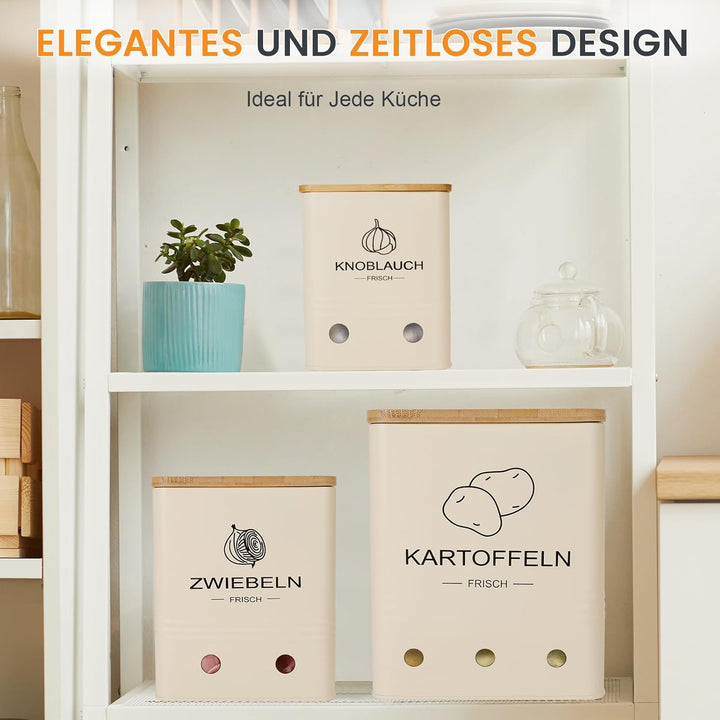 Kartoffel Aufbewahrungsbox, Aufbewahrung Kartoffeln Zwiebeln Knoblauch - 3er Set mit Bambusdeckel -