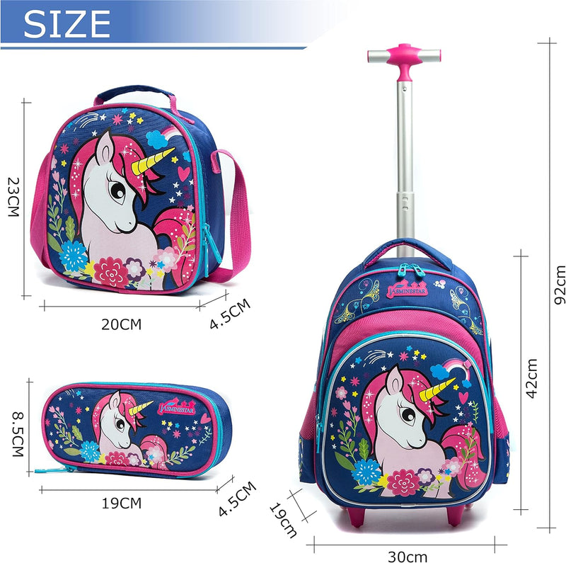 HTgroce Einhorn Schulranzen Rucksack Trolley mit 2 Rollen für Kinder Mädchen,Schulranzen mit Rollen