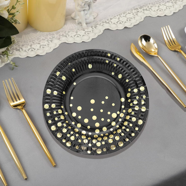 HNH Partyteller Pappteller 50er Set Schwarz mit Goldfolie Gepunktet 23cm Papierteller mit 18cm Desse