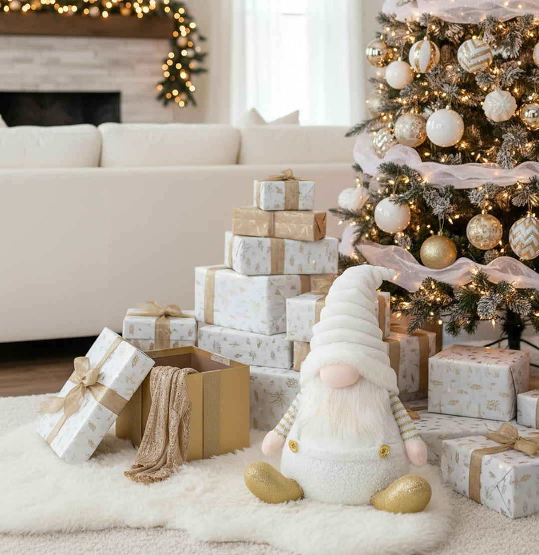 Valery Madelyn Weihnachtswichtel für Weihnachtsdeko,23cm Weihnachtsgnom Weiss Gold,Biegsamer Hut,Dek
