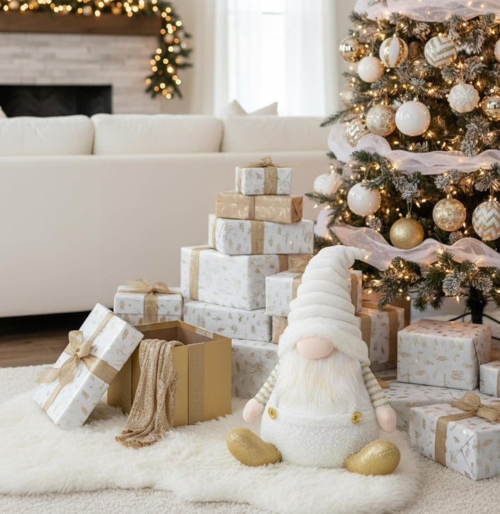 Valery Madelyn Weihnachtswichtel für Weihnachtsdeko,23cm Weihnachtsgnom Weiss Gold,Biegsamer Hut,Dek