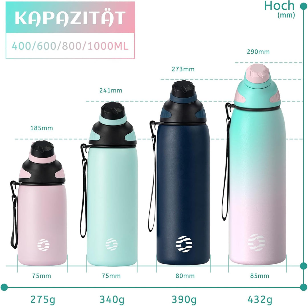 Fjbottle Edelstahl Trinkflasche Sport mit Magnetischem Deckel 1L, 800ml, 600ml, 400ml BPA-Frei Ausla