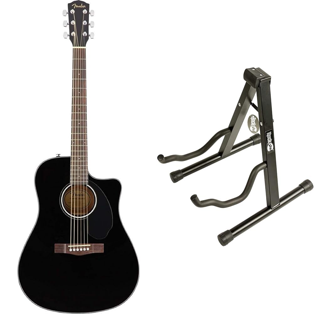 Fender, Gitarre CD-60SCE Schwarz, 0970113006 &amp; Rockjam Universal Tragbarer A-Frame-Gitarrenständer f
