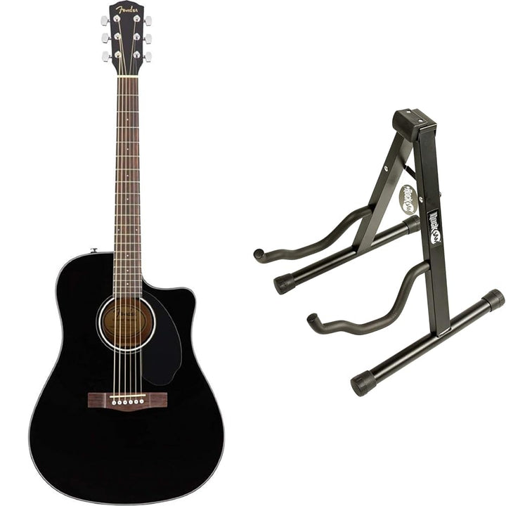 Fender, Gitarre CD-60SCE Schwarz, 0970113006 &amp; Rockjam Universal Tragbarer A-Frame-Gitarrenständer f
