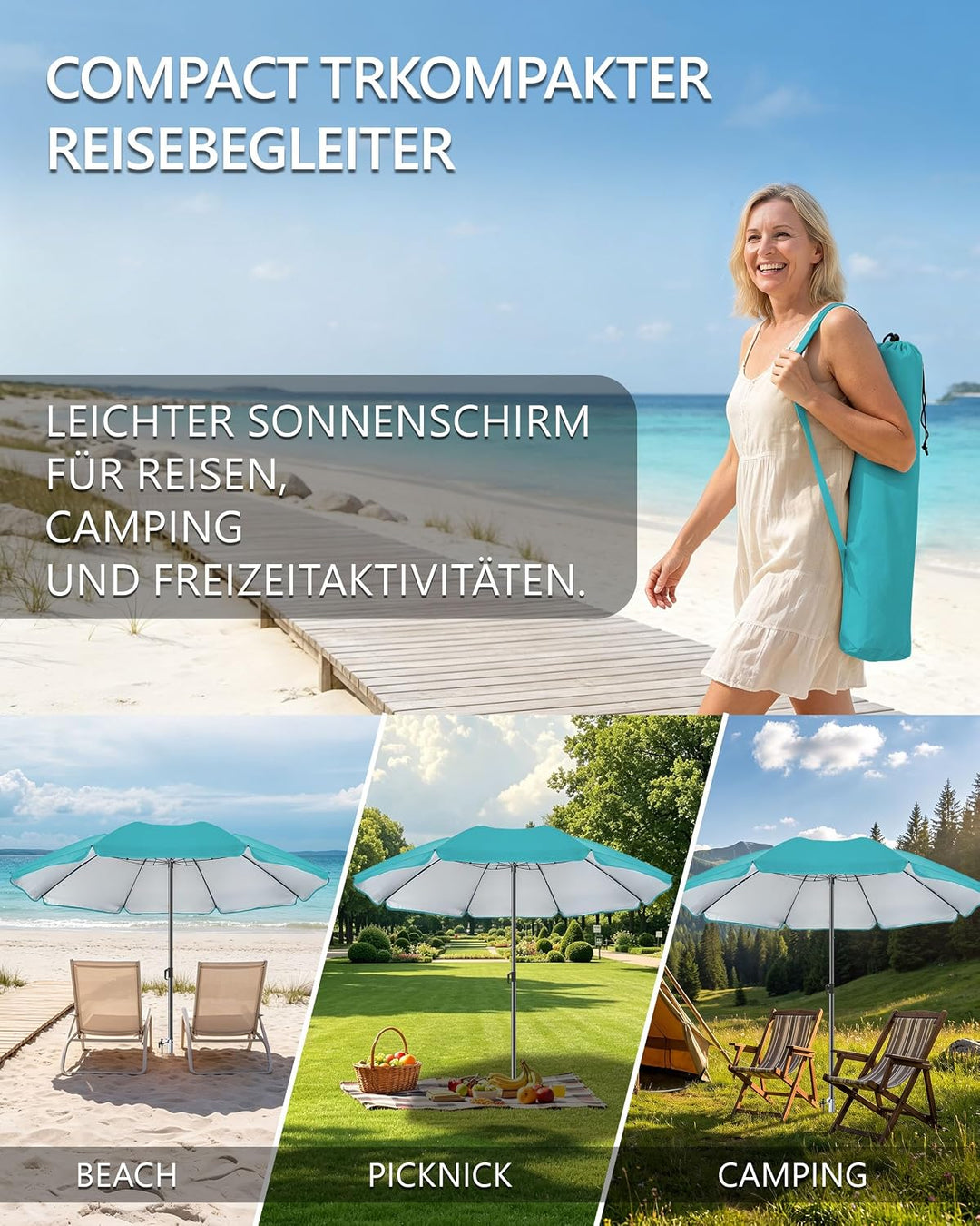 4smile Sonnenschirm Strand Ø 180 cm, Türkis | UPF 50+ Strandschirm, sicherer Sonnenschutz Strand, St