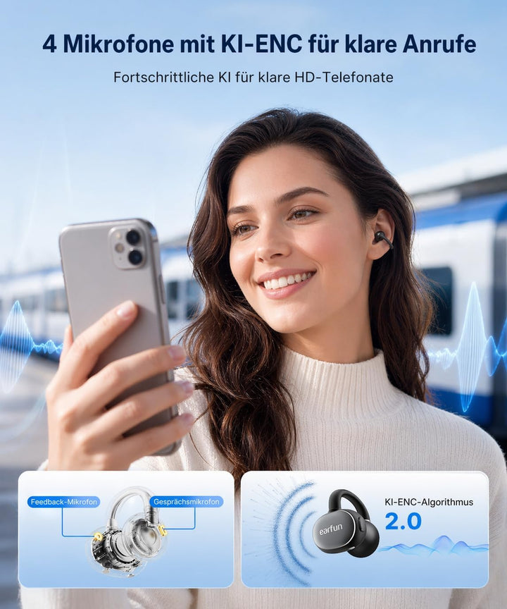 EarFun Clip 2 Open Ear Kopfhörer, Bluetooth Clip On Earbuds, Komfortabel und stabil, 12 mm Titanium-