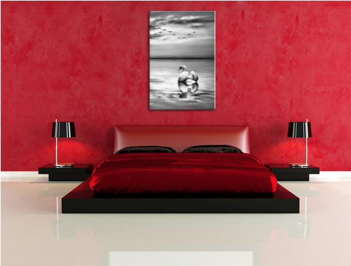 Pixxprint Schwan bei Sonnenuntergang / 100x70cm Leinwandbild bespannt auf Holzrahmen/Wandbild Kunstd