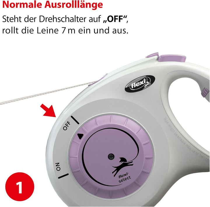flexi® Select Gurt 7 m hellgrau-lila, zwischen 0-7 m einstellbare Roll-Leine für Hunde bis 25 kg hel