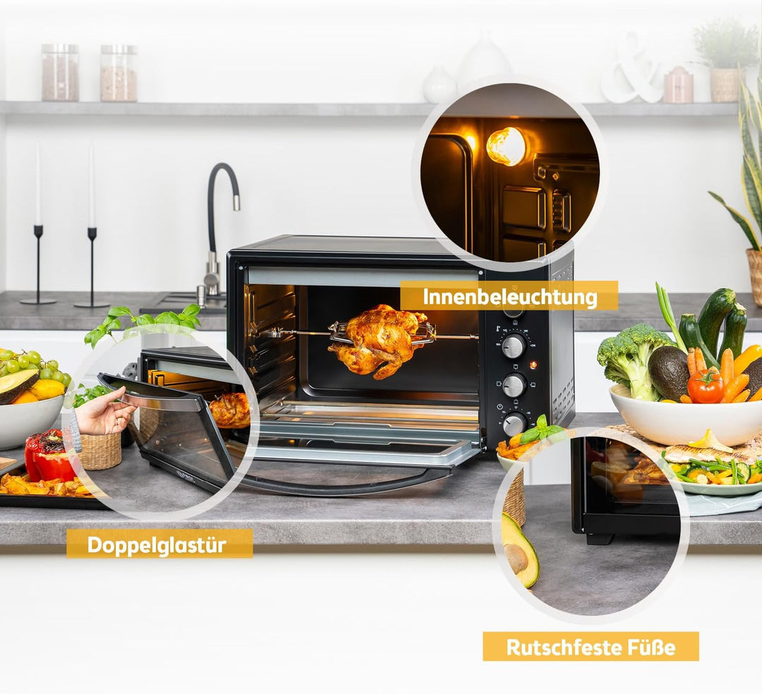 TZS First Austria Minibackofen, 2000 Watt, 45L, mit Innenbeleuchtung, Umluft-Funktion, Drehspiess fü