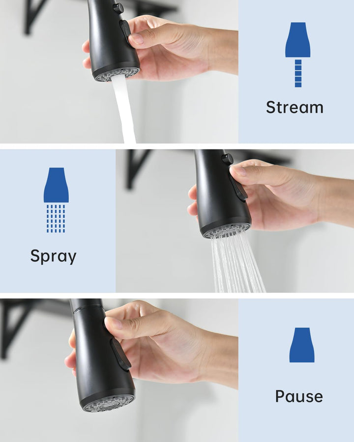 APPASO Wasserhahn Küche Schwarz, Hochdruck Küchenarmatur Ausziehbar, Mischbatterie mit 3 Strahlarten