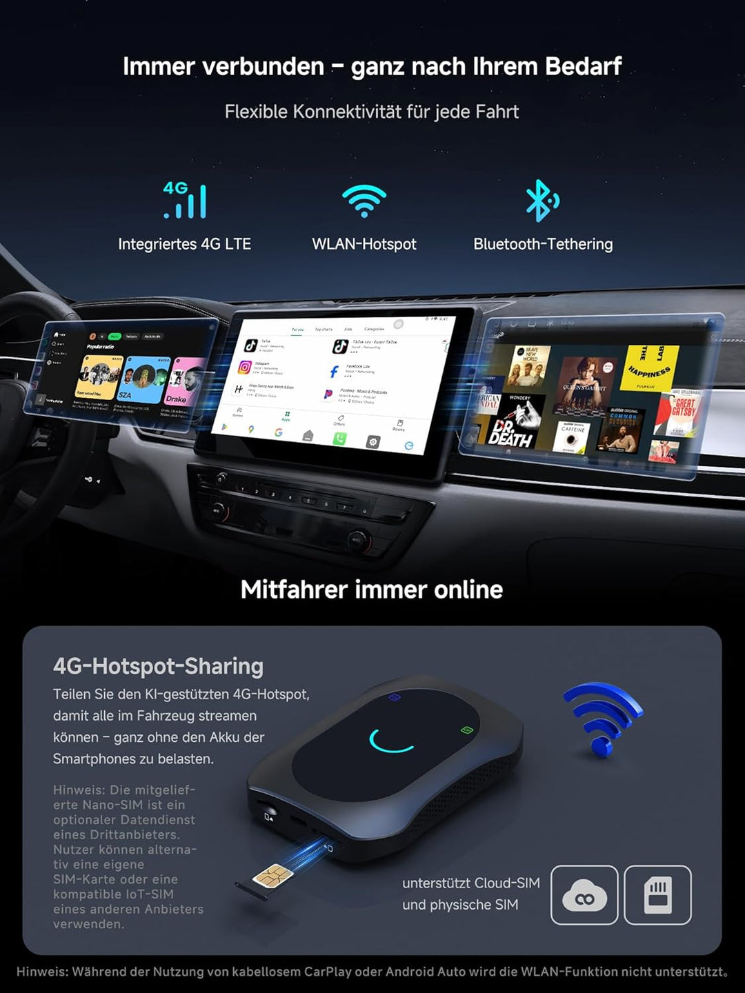 CarPlay Android Auto Wireless Adapter + Android OS, 8GB+128GB Car VideoBox mit HDMI In/Out, 4G LTE,