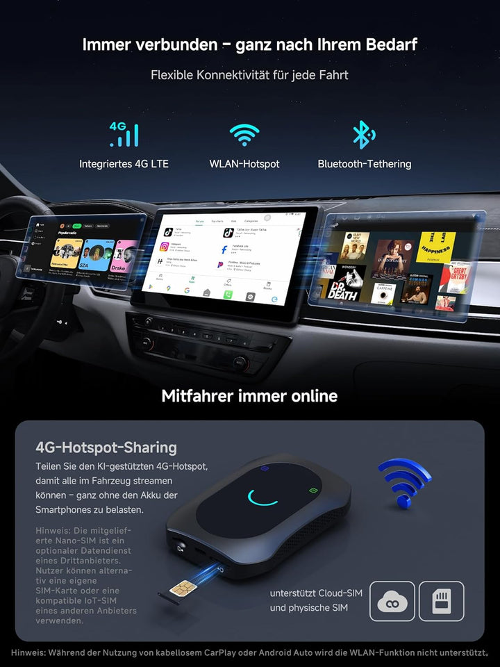 CarPlay Android Auto Wireless Adapter + Android OS, 8GB+128GB Car VideoBox mit HDMI In/Out, 4G LTE,