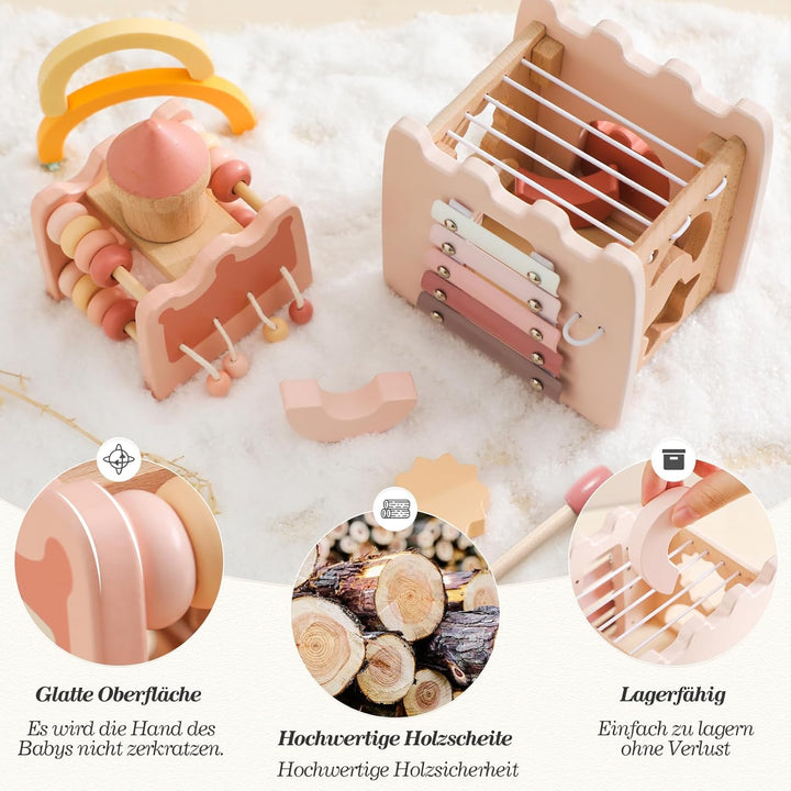WOODEN TEETHER Montessori Motorikwürfel holzspielzeug Montessori Spielzeug ab 1 Jahr 5 in 1（Rosa Sch