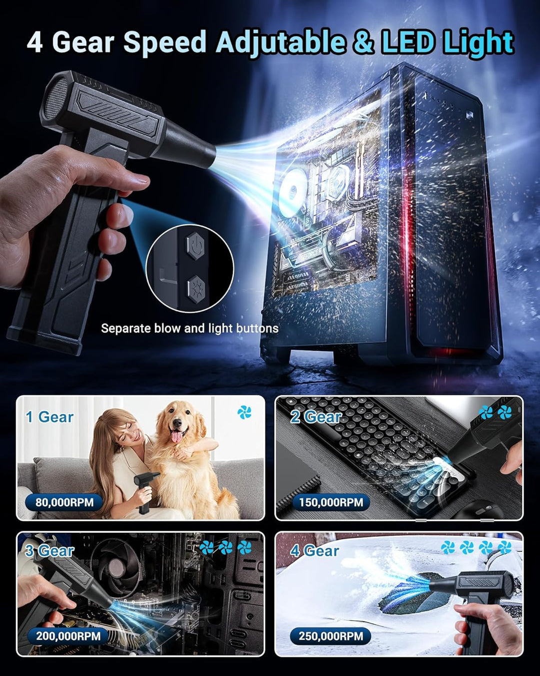 WHATOOK Elektrische Staubgebläse Druckluftspray: A1 Max 250000 RPM Air Duster mit 8000mAh Akku - 4 G