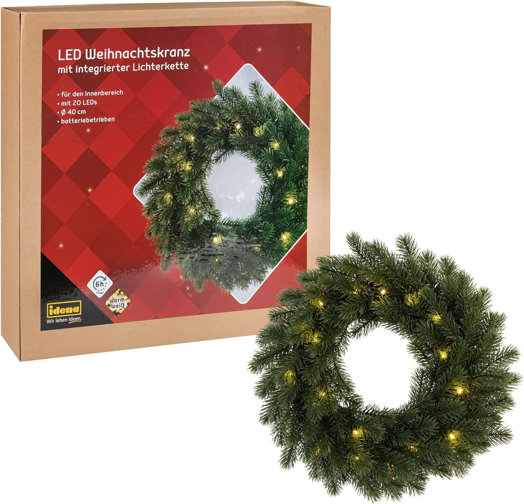 Idena 30260 - LED Weihnachtskranz mit Lichterkette und 20 LEDs in Warmweiss, mit 6 Stunden Timer-Fun