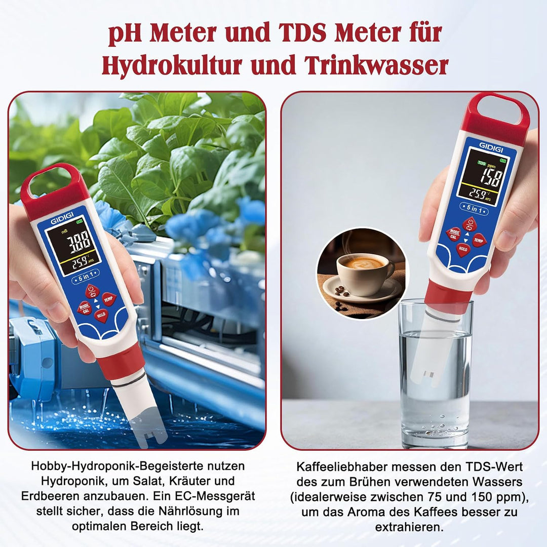 Digitales Schwimmbad-Salzgehaltsmessgerät, 5-in-1 pH- und TDS-Messgerät, geeignet für Meerwasser-Sch