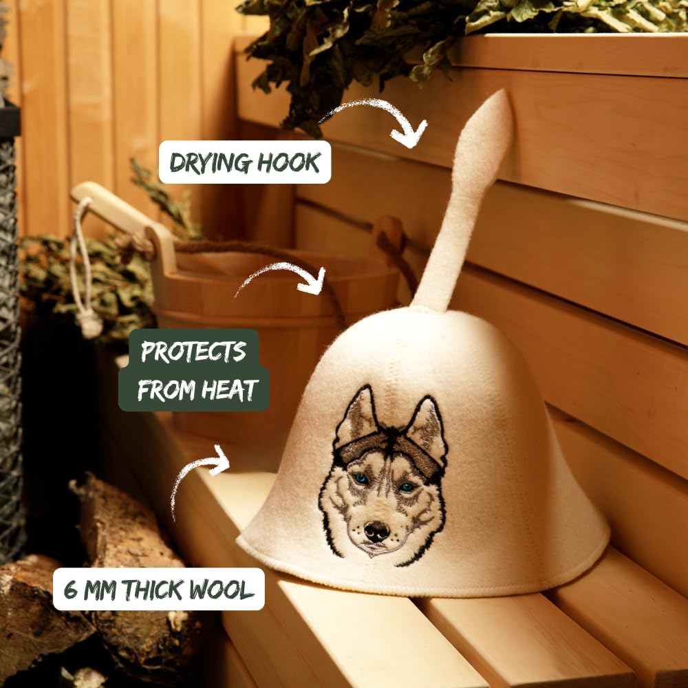 Natural Textile Saunahut 'Sauna Husky' White - 100% organische Wollfilzmützen - Schützen Sie Ihren K