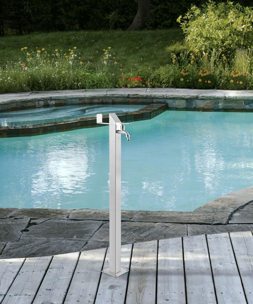 Edelstahl Wasserzapfstelle 93 cm, Garten Wasserhahn Säule aus Edelstahl 304 gebürstet, 2 Hahnanschlü