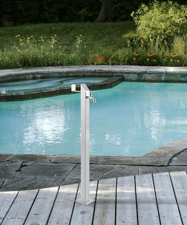 Edelstahl Wasserzapfstelle 93 cm, Garten Wasserhahn Säule aus Edelstahl 304 gebürstet, 2 Hahnanschlü