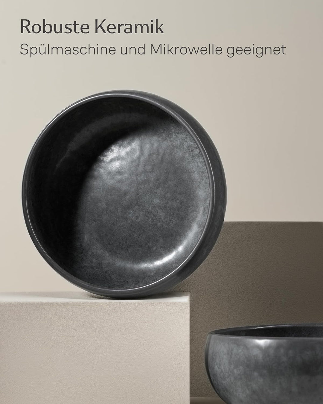 Cosumy 4 Tiefe Teller aus Steingut 750 ml – Handgefertigte Geschirrset Schwarz – Geschirr Set Modern