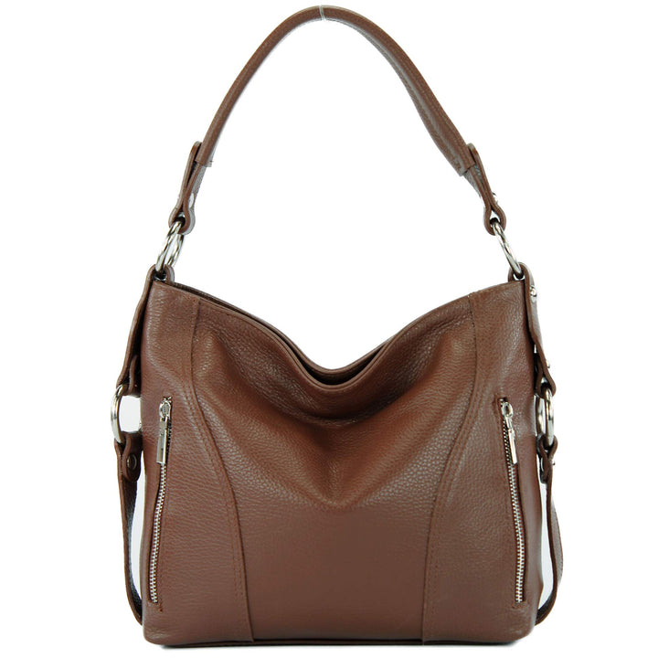 modamoda de - T202 - ital. Damen Henkeltasche Schultertasche aus Leder Schokobraun, Schokobraun