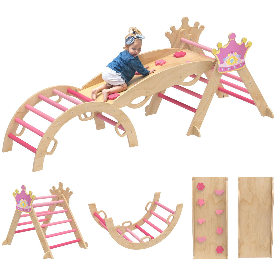 AIYAPLAY 8-in-1 Montessori Klettergerüst Indoor Holz Kletterdreieck mit Kletterbogen, Rutsche, Krone