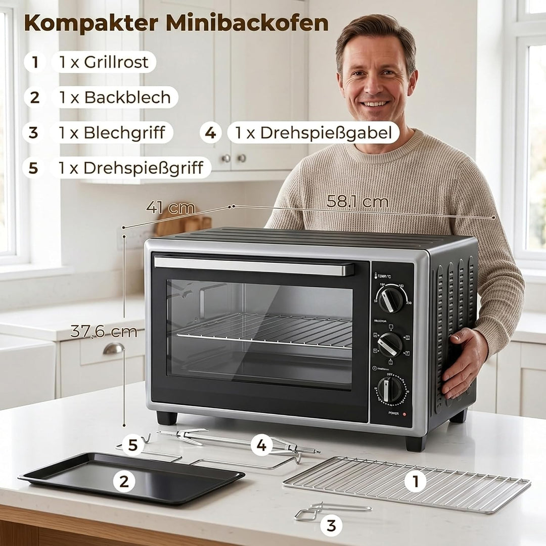HOMCOM Mini Backofen mit Umluft, Drehspiess, 46L, 90–230 ℃, 60 Min. Timer