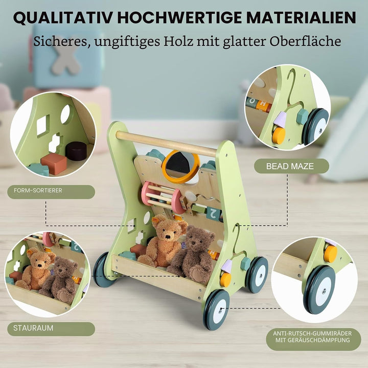 11 in 1 Lauflernwagen Holz Baby Lauflernhilfe mit Rädern, Montessori Aktivitätszentrum Set Baby Walk