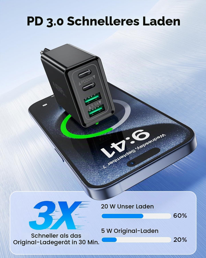 2-Pack USB C Ladegerät, 40W 4-Port Netzteil USBC Fast Charger USB-C Adapter + USB Stecker Schnelllad