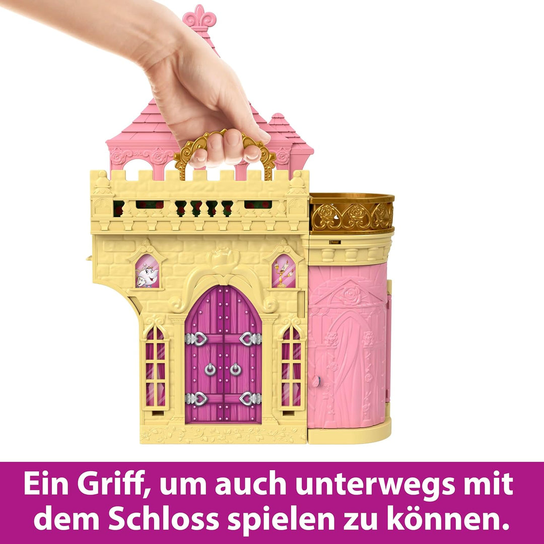 Mattel Disney Prinzessin-Spielzeug, Belles Stapelschloss Puppenhaus-Spielset mit kleiner Puppe und 9