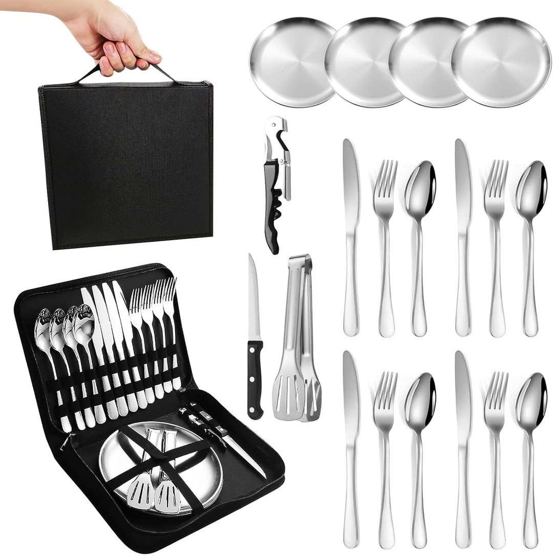 Campingbesteck Set für 4 Personen - Tragbares Edelstahl Outdoor Geschirr Set für Camping, Picknick u