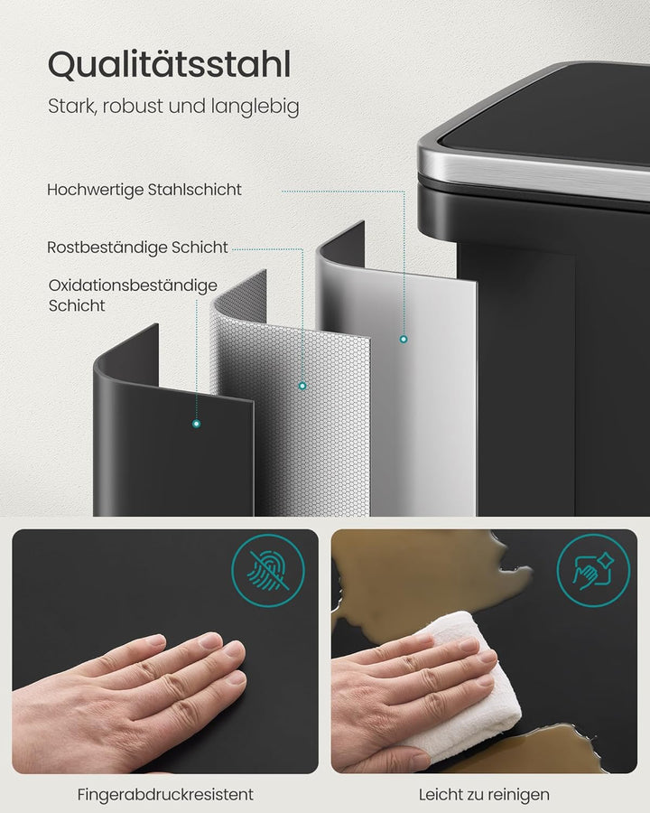 SONGMICS Mülleimer 50 L, 15 Müllsäcke, Stahl, herausnehmbarer Inneneimer aus Kunststoff, mit Deckel,