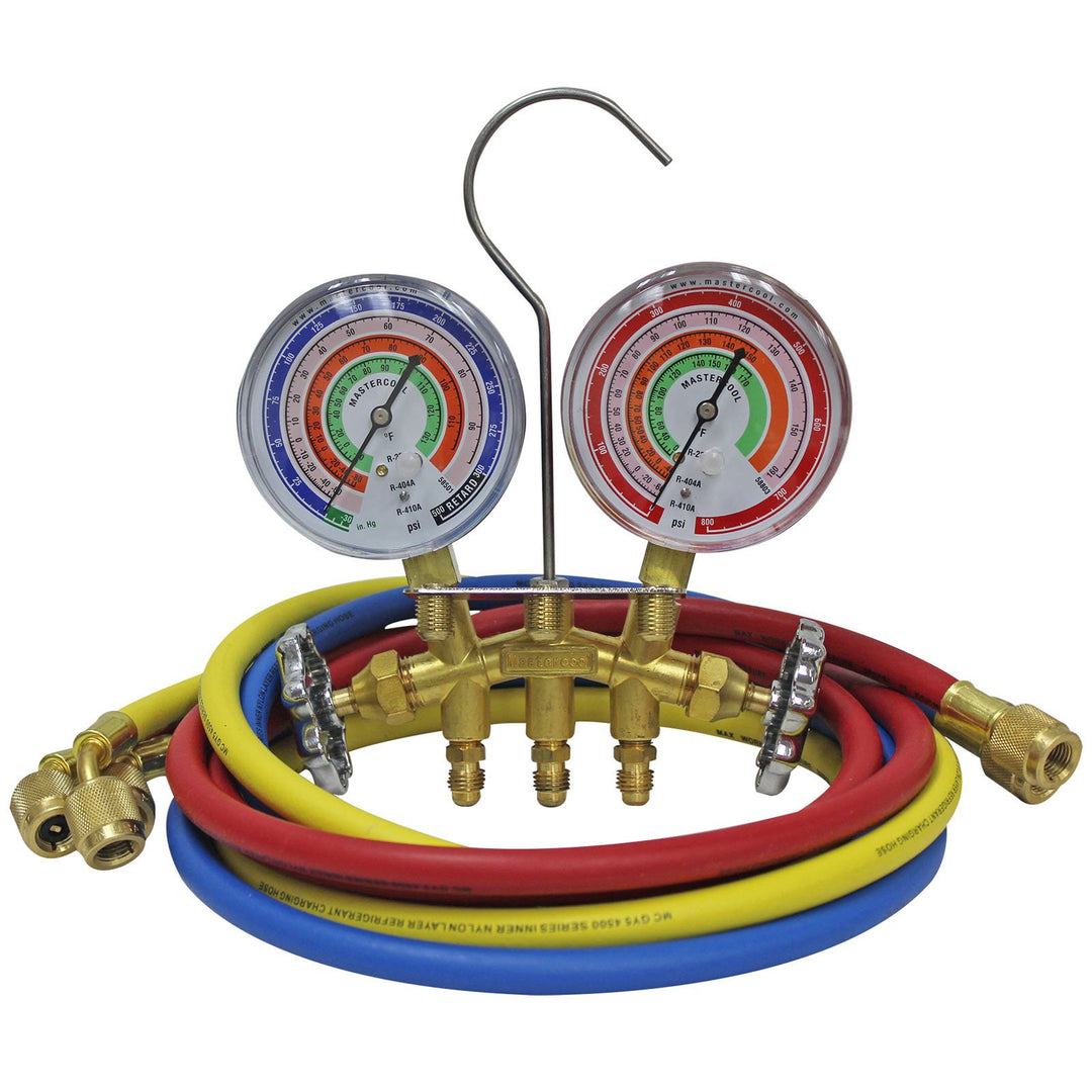 Mastercool 59161 Messing R410A, R22, R404A 2-Wege Manifold Gauge Set mit 3-1/8" Gauge, 3-60" Schläuc
