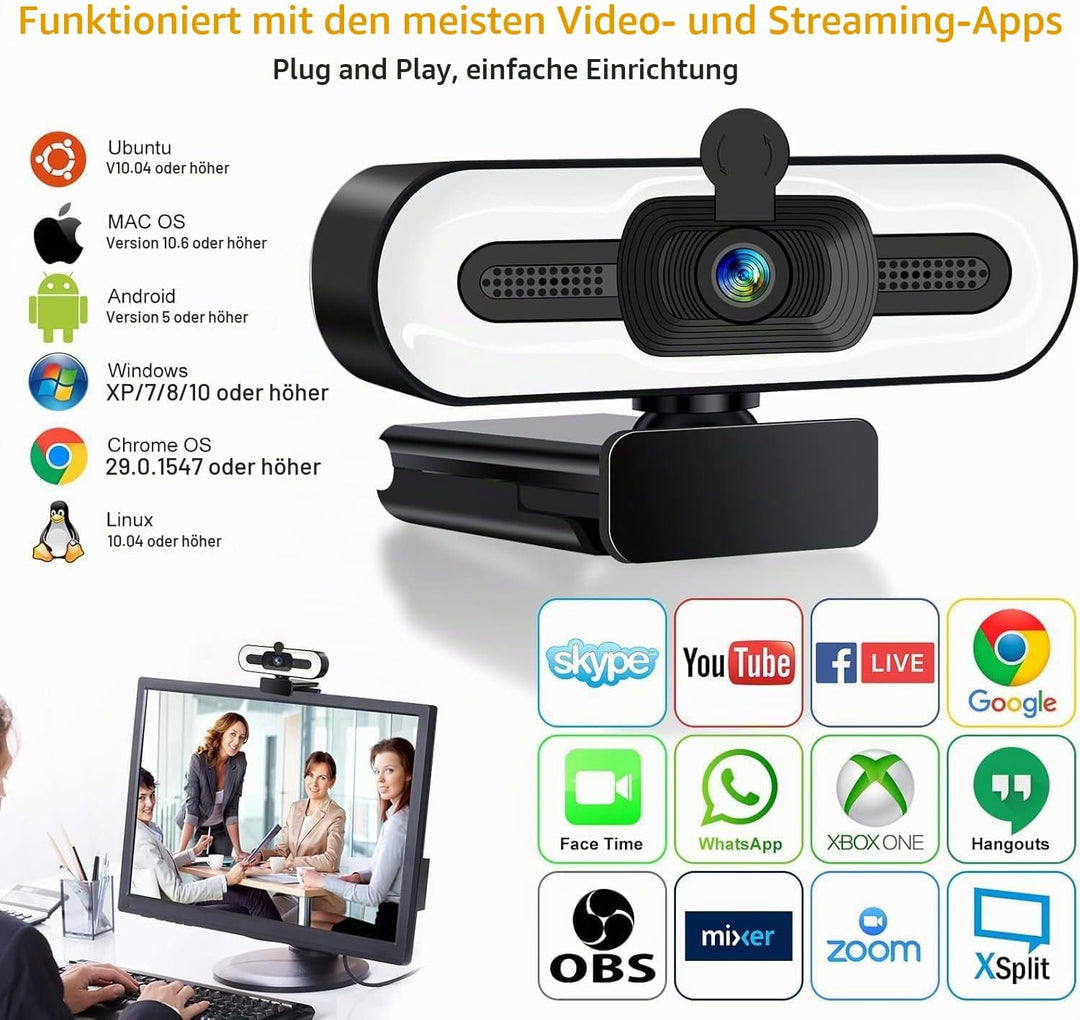 GKEAPZA Webcam mit Ringlichtmikrofon - Streaming Web Kamera, 1080P Full HD Pro Kamera für PC Mac Lap