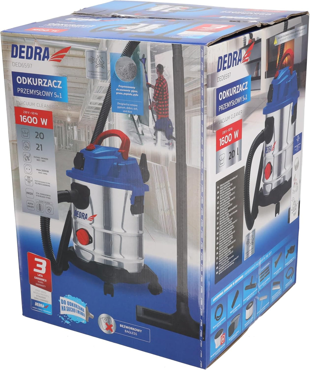 Dedra Nass-/Trockensauger, 1600 W, 5 in 1 - Gips, Asche, Trockenbetrieb, Nassbetrieb, Gebläse, Rütte