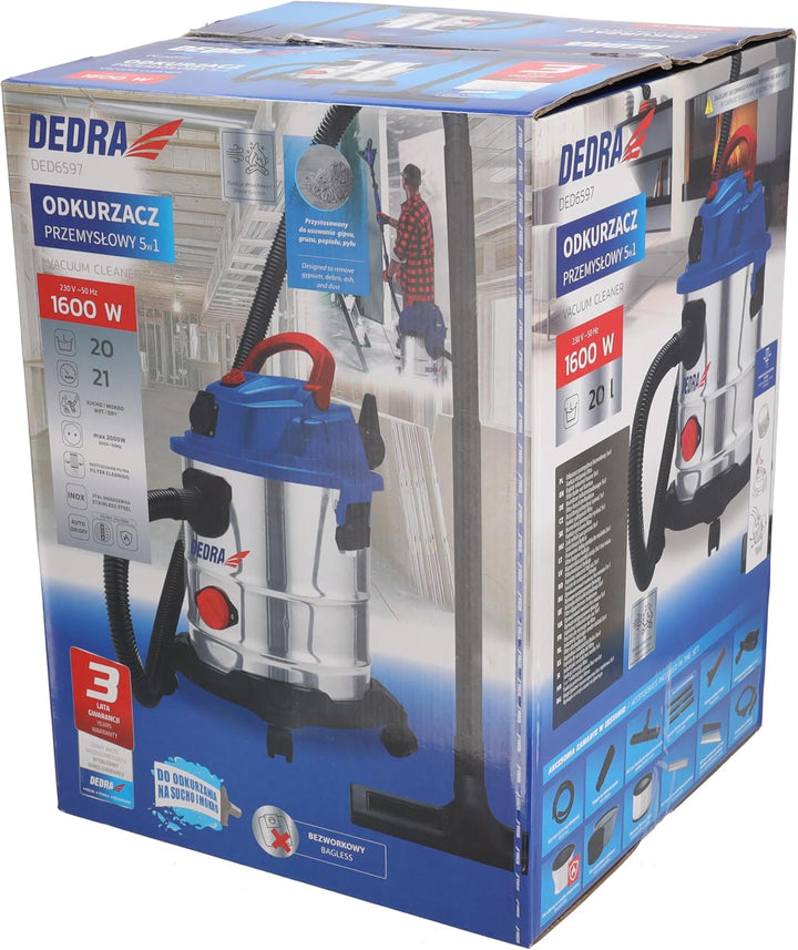Dedra Nass-/Trockensauger, 1600 W, 5 in 1 - Gips, Asche, Trockenbetrieb, Nassbetrieb, Gebläse, Rütte