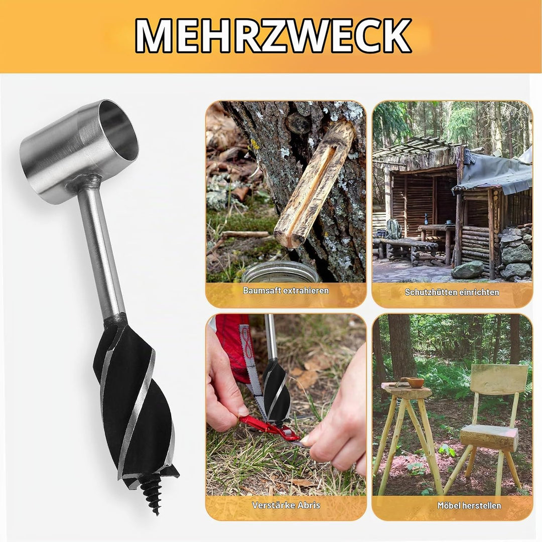 Holzbohrer Manuell Bushcraft, φ25x160mm, Schlangenbohrer Outdoor aus Stahl mit Braune Ledertasche &amp;