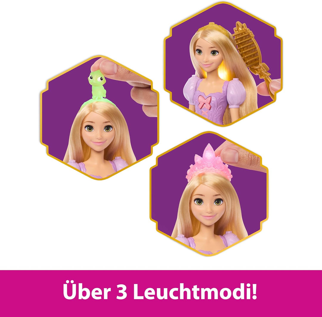 Mattel Disney Princess Rapunzel Modepuppe mit leuchtendem Haar und 4 weiteren Leuchtmöglichkeiten, P