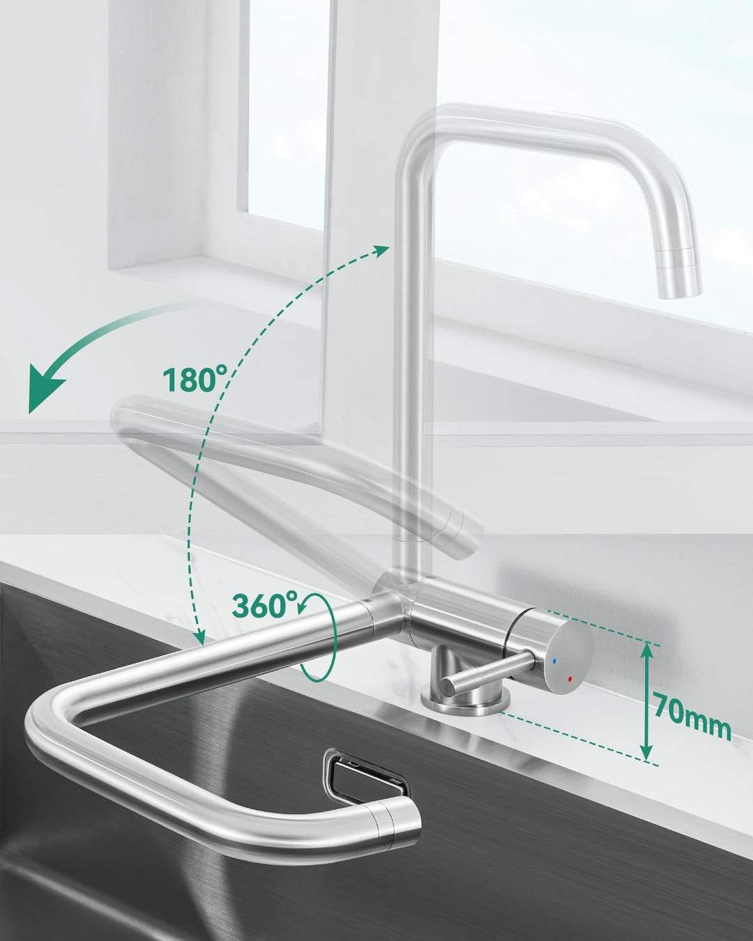 ANYCEE Vorfenster Küchenarmatur Klappbar, Hochdruck Wasserhahn Küche mit 2 Strahlarten, Mischbatteri