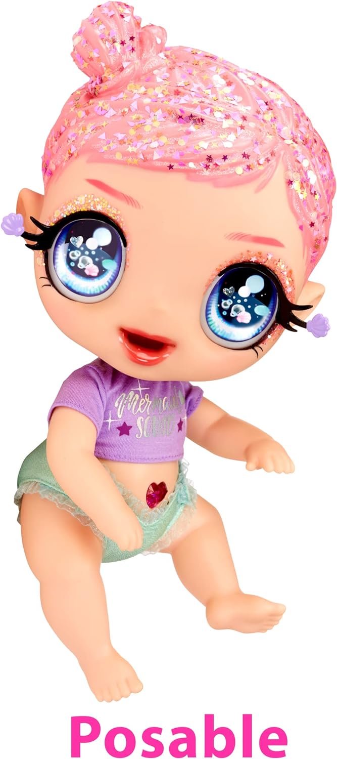 Glitter Babyz MGA Marina Finley - Babypuppe mit 3 magischen Farbwechseln durch eiskaltes Wasser, Pin
