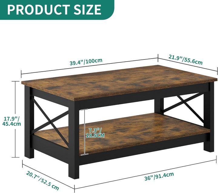 YITAHOME Couchtisch, Wohnzimmertisch, 2-stöckiger Dicker Holz Rechteckiger Couchtisch, X-Form Metal