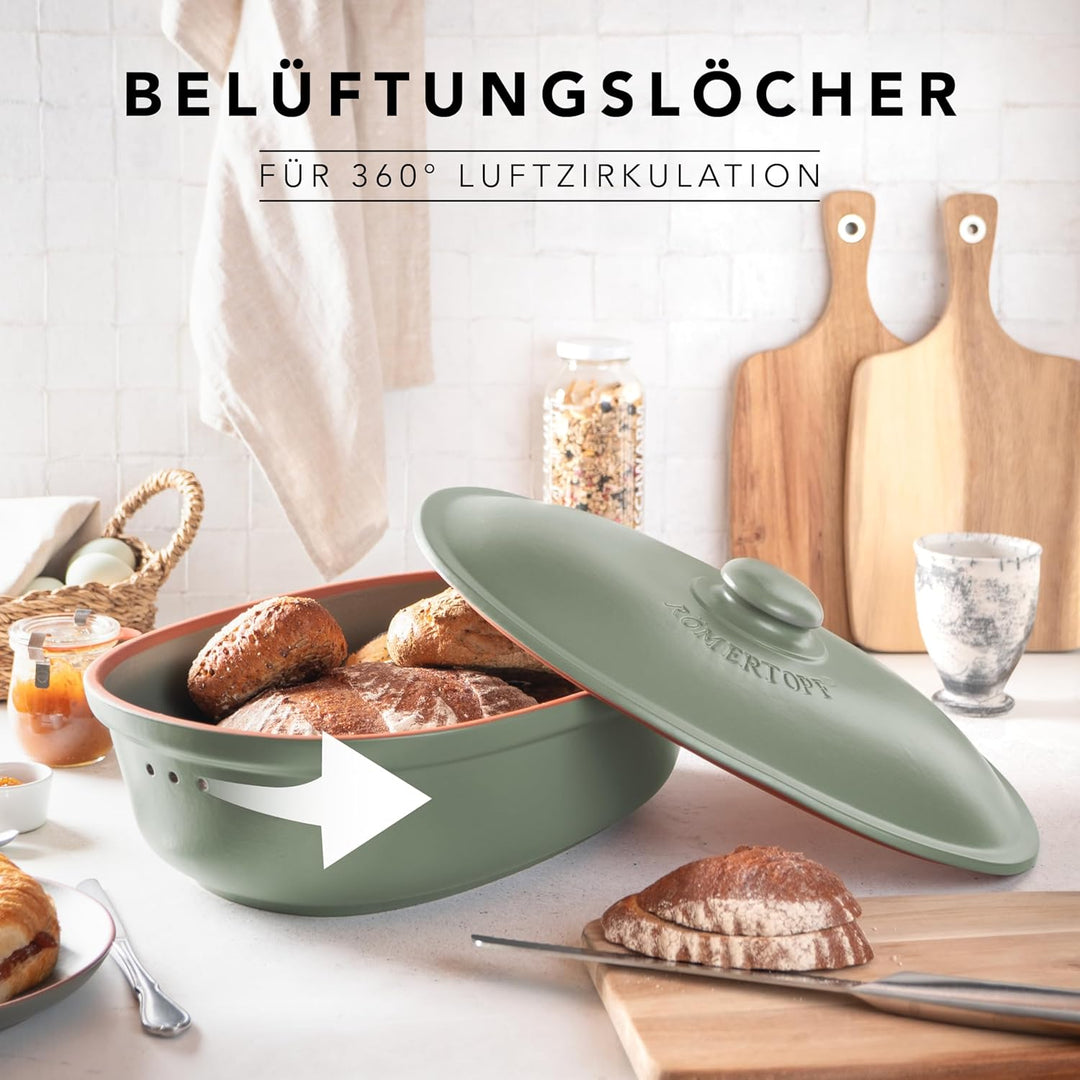 Römertopf Brottopf oval MAXI 6,5 Liter - Brotkasten Grün aus Keramik - Atmungsaktiver Tontopf für la