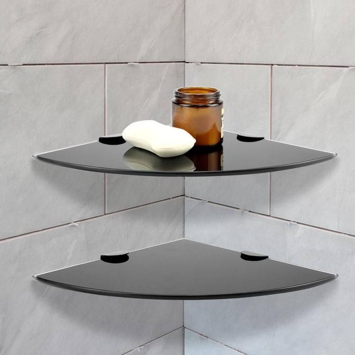QWORK® 24cm Glas Eckregal Duschregal Badregal in Schwarz mit Montagezubehör - 6mm Verstärktes Glas -