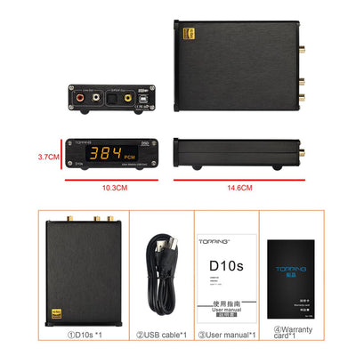 TOPPING D10s HiFi DAC USB Decoder HiFi XMOS XU208 ES9038Q2M DAC Optisch Koaxial DSD256 384kHz Audio