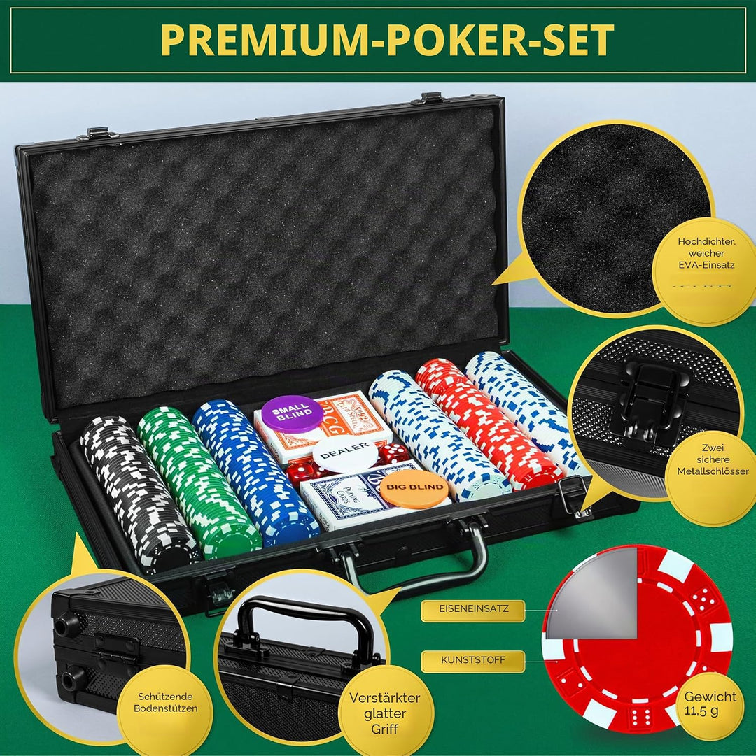 Queensell Pokerkoffer mit 300 Poker Chips für Texas Holdem – Profi Poker Set mit Aluminium Koffer, P
