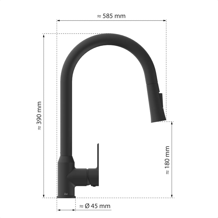 EISL Adria Wasserhahn Küche schwarz ausziehbar, Spültischarmatur schwarz 360°, Küchenarmatur mit hoh