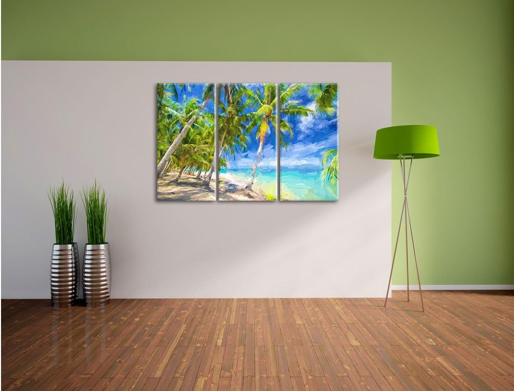 Pixxprint Traumstrand mit Palmen Pinsel Effekt 3-Teiler Leinwandbild 120x80 Bild auf Leinwand
