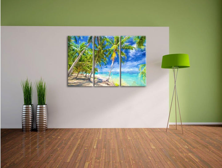 Pixxprint Traumstrand mit Palmen Pinsel Effekt 3-Teiler Leinwandbild 120x80 Bild auf Leinwand